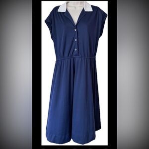 Vintage Women’s  Navy Blue White Maxi Dress Button Down Short Sleeves Collared